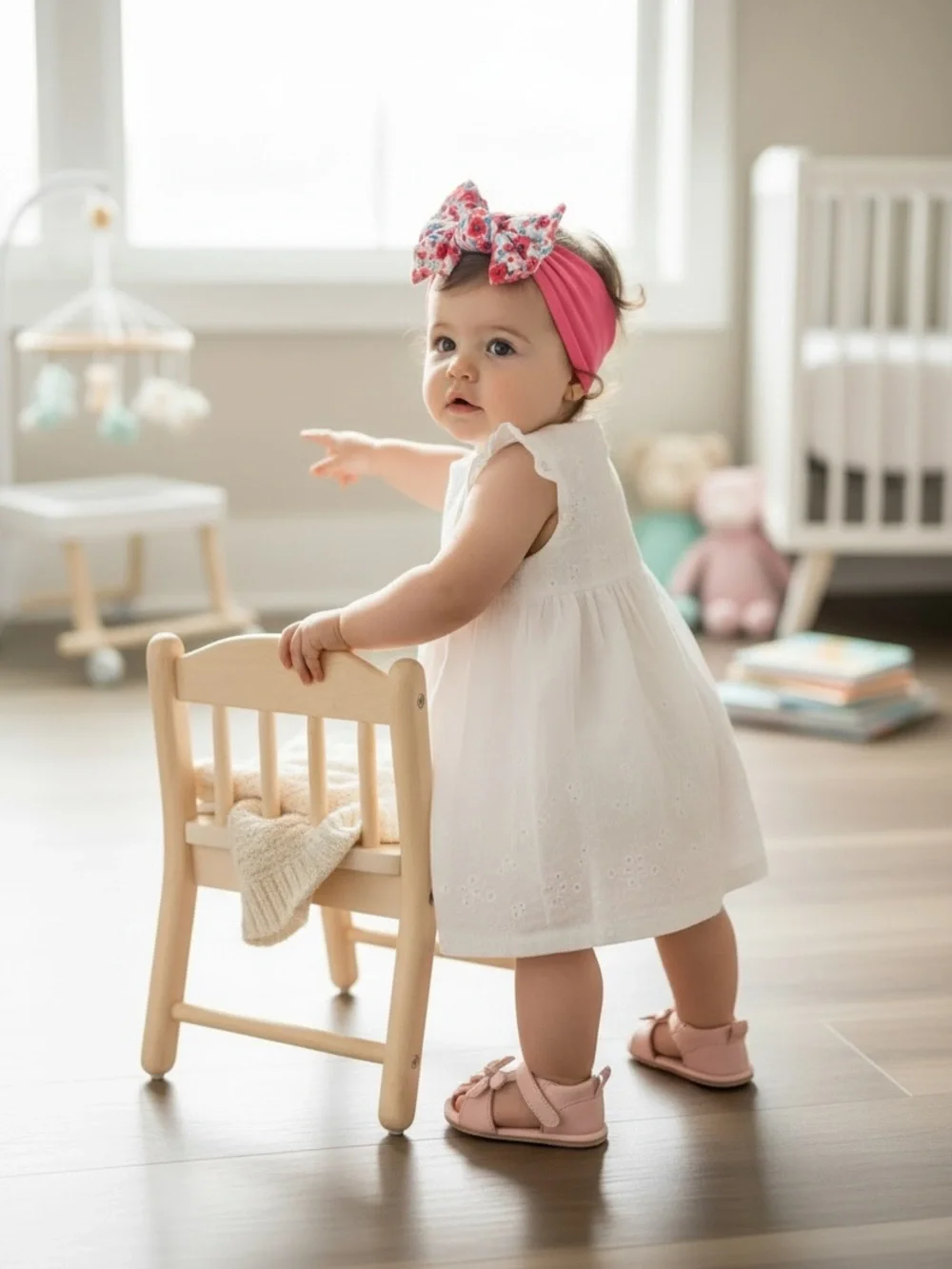pink Ditsy Daisy knotted baby headband with a floral-patterned bow